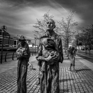 The Walking Famine fine art print — Dublin Famine Memorial bronze statues Custom House Quay black and white