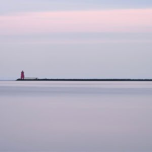 Poolbeg Horizon fine art print — Poolbeg lighthouse at dusk over still water Dublin Bay Ireland