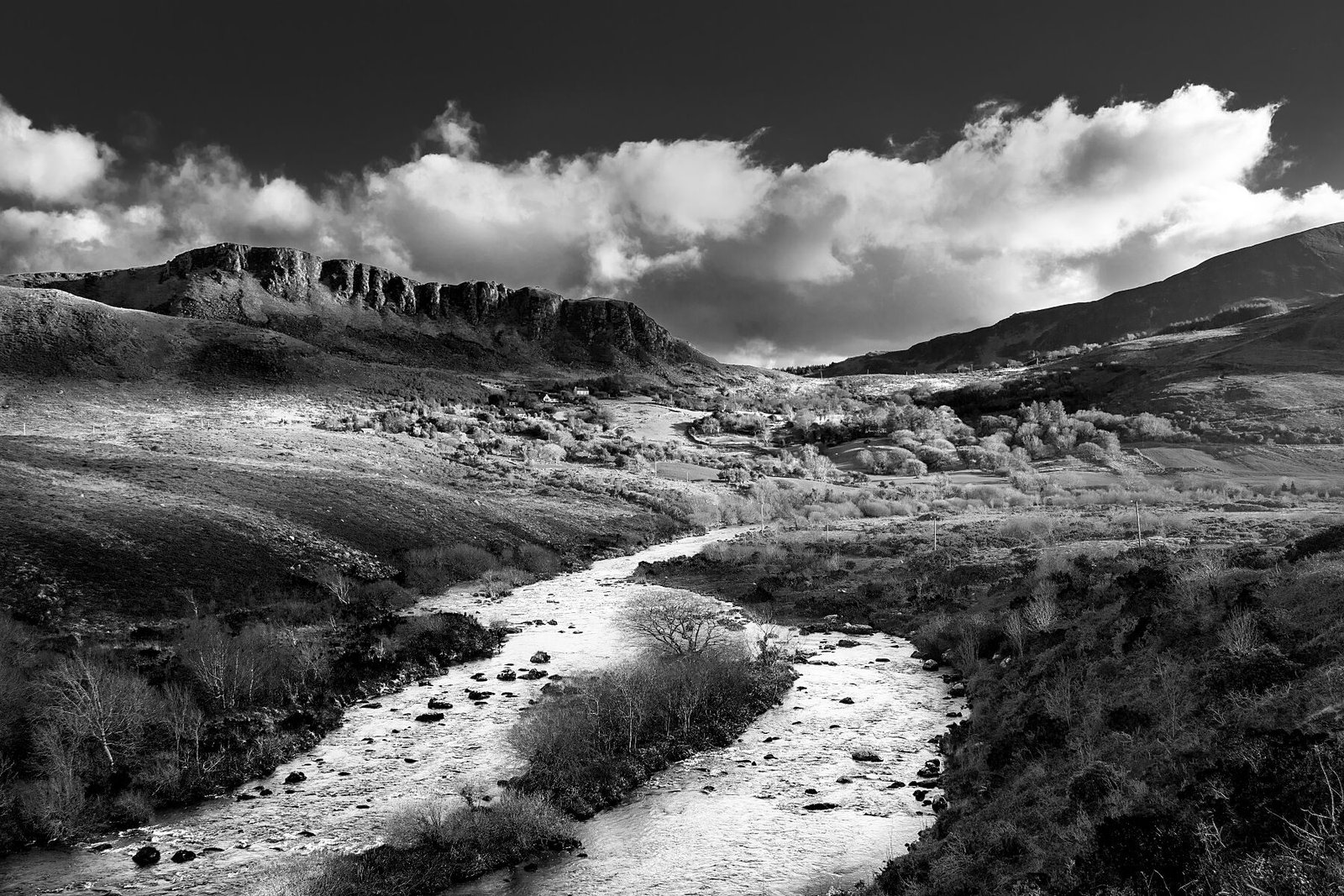 River Caragh Ring of Kerry fine art print — black and white Irish landscape photography Kerry mountains